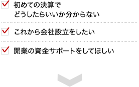 初めての決算でどうしたらいいか分からない、これから会社設立をしたい、開業の資金のサポートをしてほしい