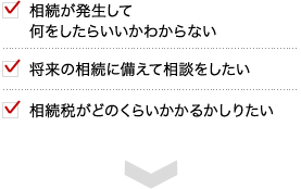 相続が発生して何をしたらいいかわからない、将来の相続に備えて相談をしたい、相続税がどのくらいかかるかをしりたい